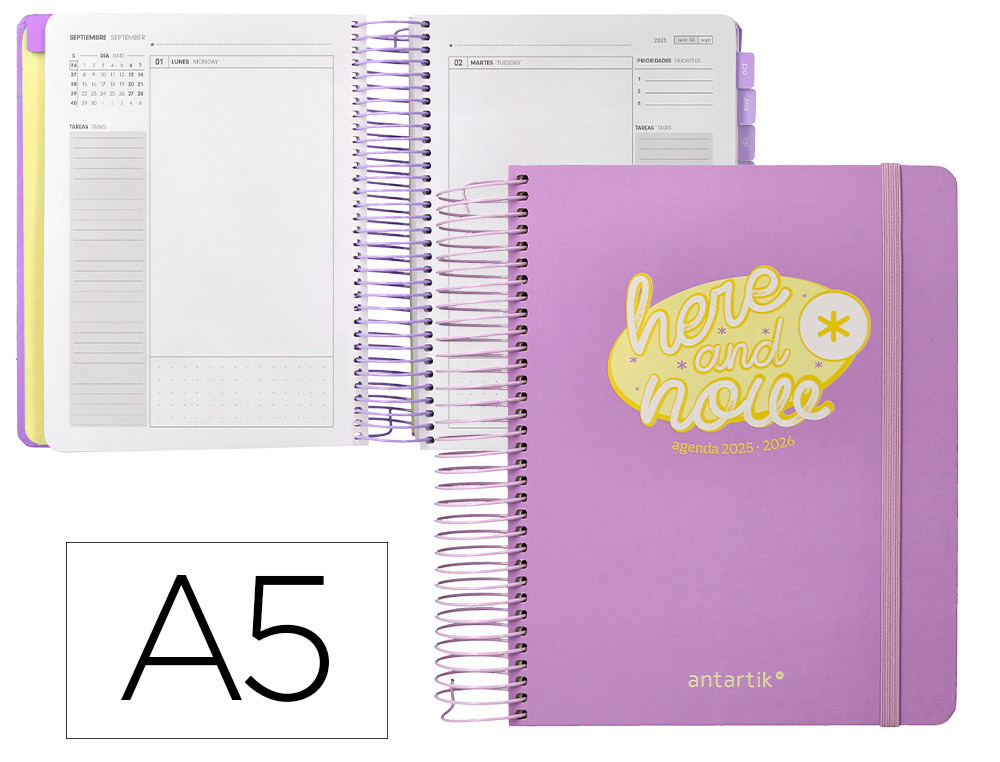 AGENDA ESCOLAR ANTARTIK 25-26 ESPIRAL HERE AND NOW MORADO DIA PAGINA A5 BILINGÜE PAPEL FSC 80 GR