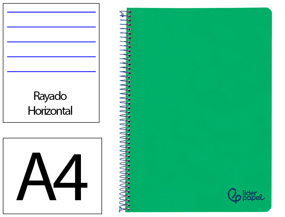 CUADERNO ESPIRAL LIDERPAPEL A4 WONDER TAPA PLASTICO 80H 90GR RAYADO HORIZONTAL CON MARGEN COLOR VERDE OSCURO