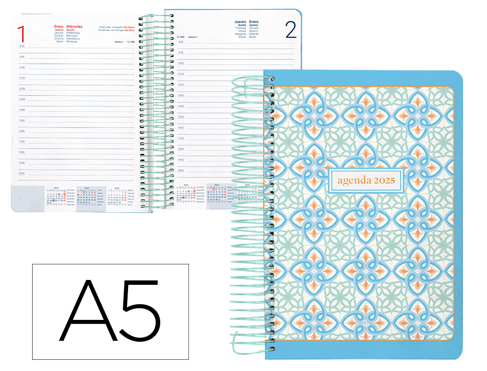 AGENDA ESPIRAL LIDERPAPEL PERISSA A5 2025 DIA PAGINA COLOR AZUL PAPEL 80 GR