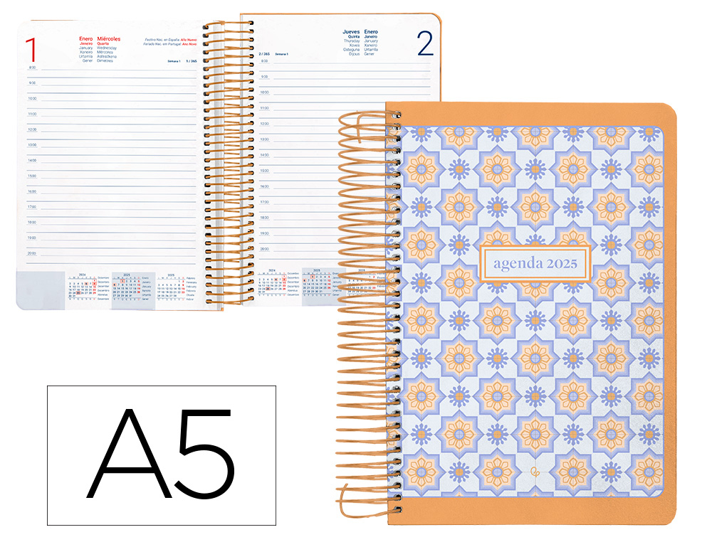 AGENDA ESPIRAL LIDERPAPEL PERISSA A5 2025 DIA PAGINA COLOR NARANJA PAPEL 80 GR