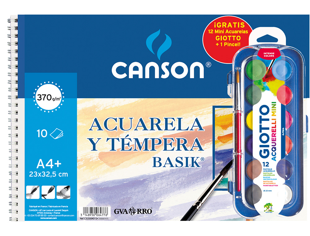 PAPEL ACUARELA BASIK CANSON DIN A4+ 23X32,5CM 370 GR PACK DE 10 HOJAS + ACUARELA GIOTTO 12 COLORES SURTIDOS
