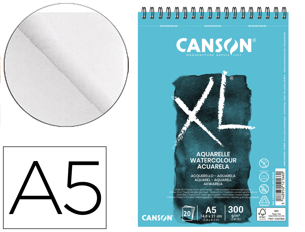 BLOC DIBUJO ACUARELA CANSON XL AQUARELLE GRANO FINO DIN A5 MICROPERFORADO ESPIRAL 14,8X21 CM 20 HOJAS 300 GR