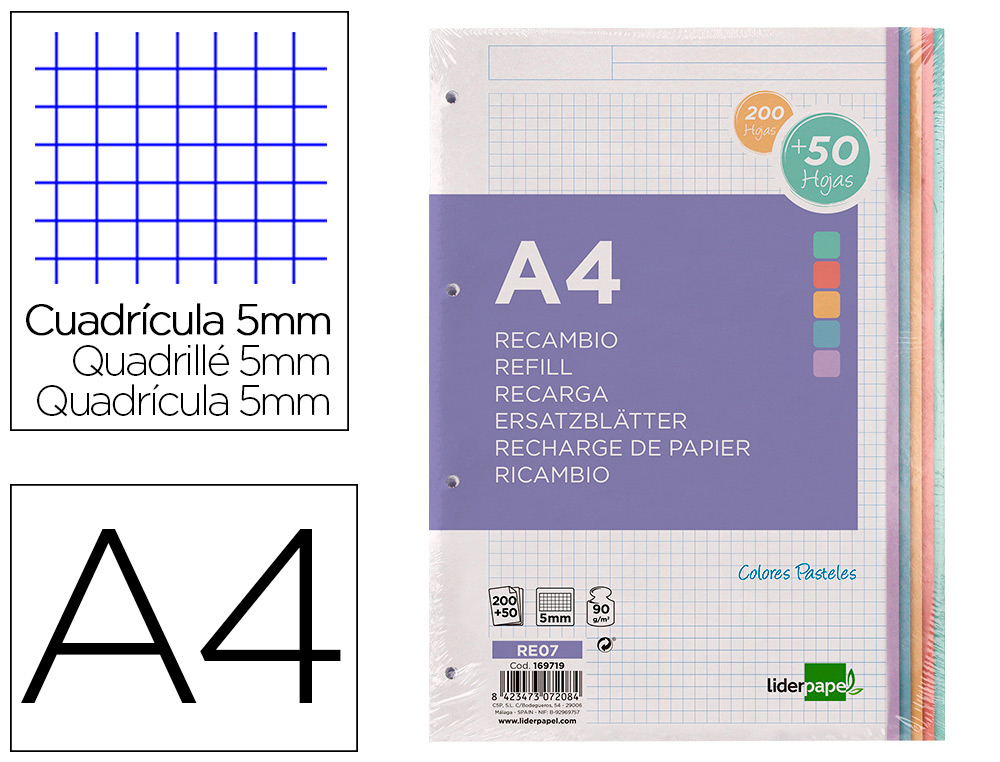 RECAMBIO LIDERPAPEL A4 200+50 HOJAS 90G/M2 CUADRO 5MM 4 TALADROS BANDAS DE 5 COLORES