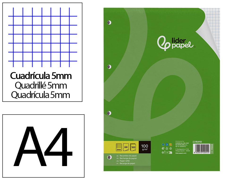 RECAMBIO LIDERPAPEL A4 100 HOJAS 100G/M2 CUADRO 5MM CON MARGEN 4 TALADROS