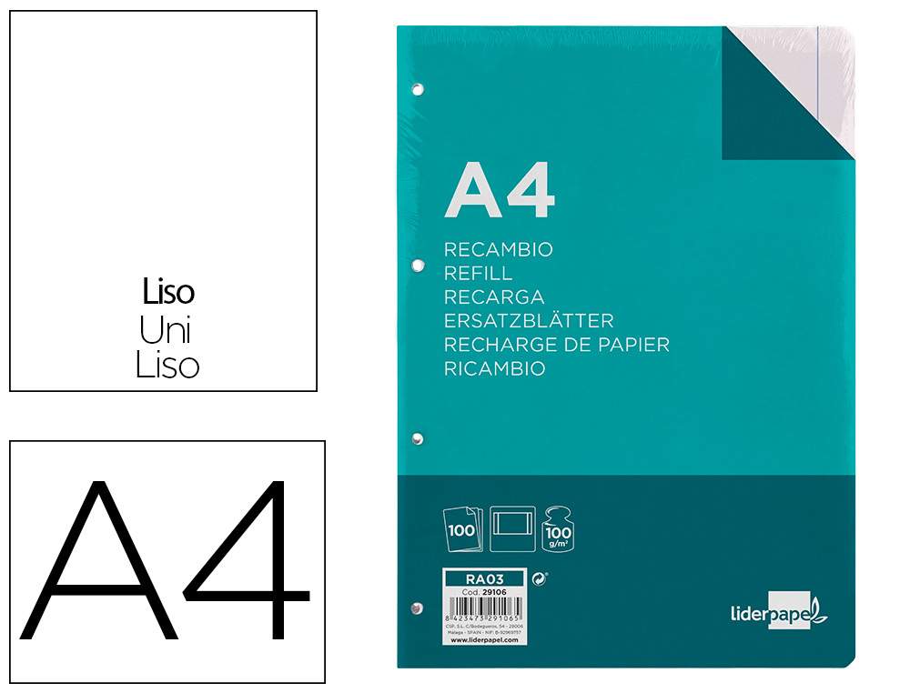RECAMBIO LIDERPAPEL A4 100 HOJAS 100G/M2 LISO CON MARGEN 4 TALADROS