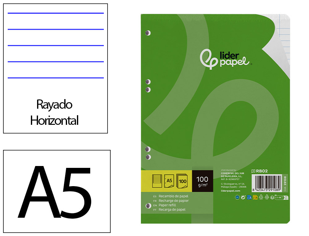 RECAMBIO LIDERPAPEL A5 100 H 100G/M2 HORIZONTAL CON MARGEN 6 TALADROS