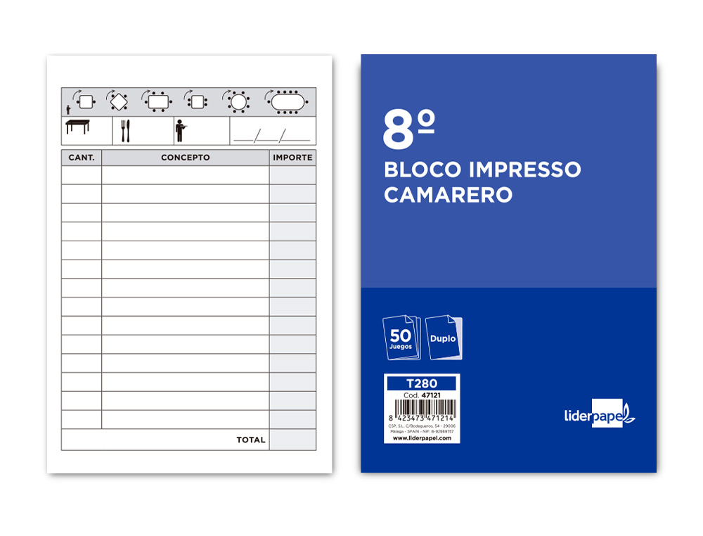 TALONARIO LIDERPAPEL CAMARERO 8 ORIGINAL Y COPIA T280