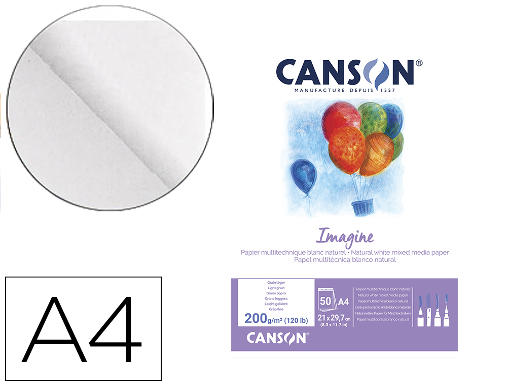 BLOC DIBUJO MULTITECNICAS CANSON IMAGINE DIN A4 ENCOLADO LISO 21X29,7 CM 50 HOJAS 200 GR
