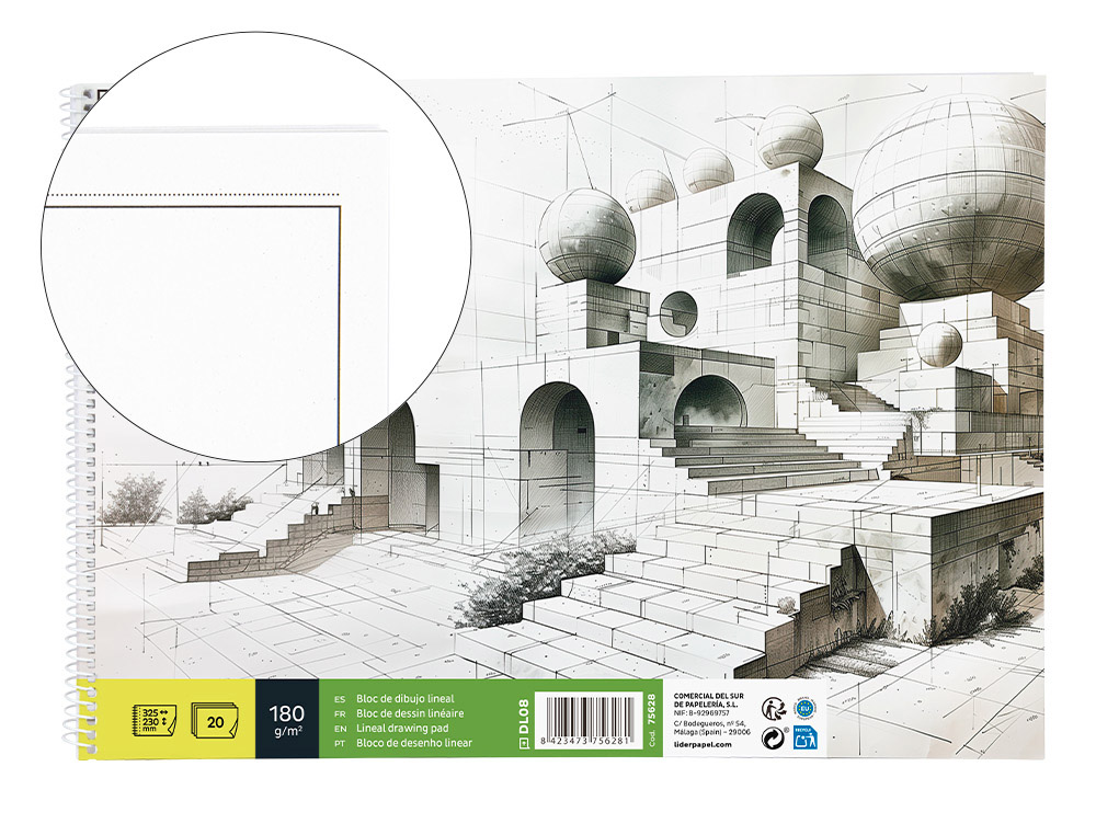 BLOC DIBUJO LIDERPAPEL LINEAL ESPIRAL 230X325MM 20 HOJAS 180 G/M2 CON RECUADRO PERFORADO