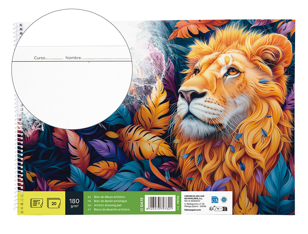 BLOC DIBUJO LIDERPAPEL LINEAL ESPIRAL 460X325MM 20 HOJAS 180 G/M2 CON RECUADROPERFORADO